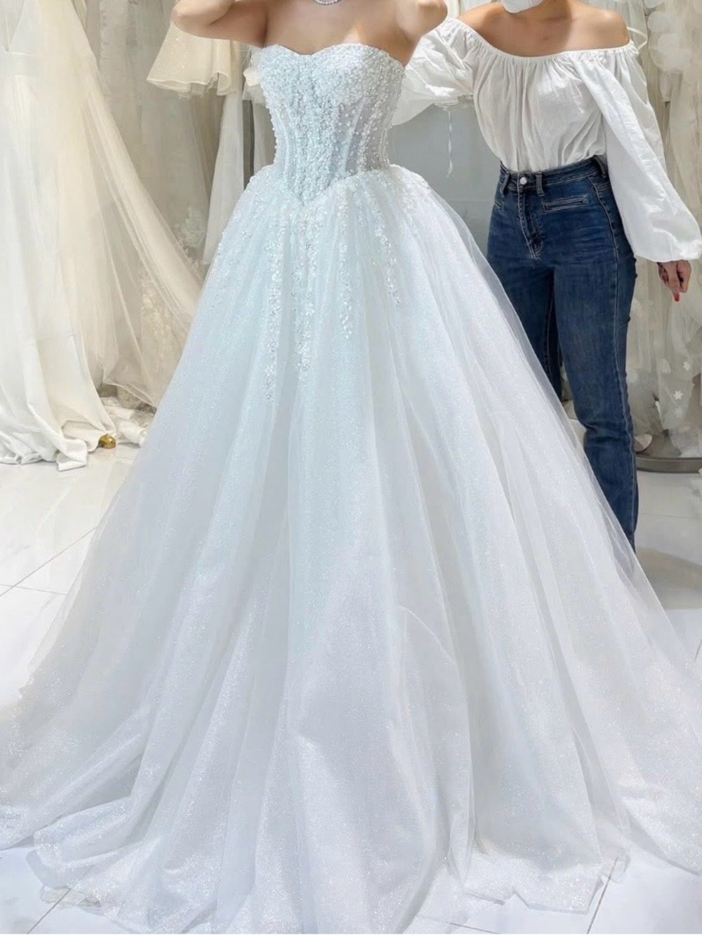 White Beaded Strapless Ball Gown